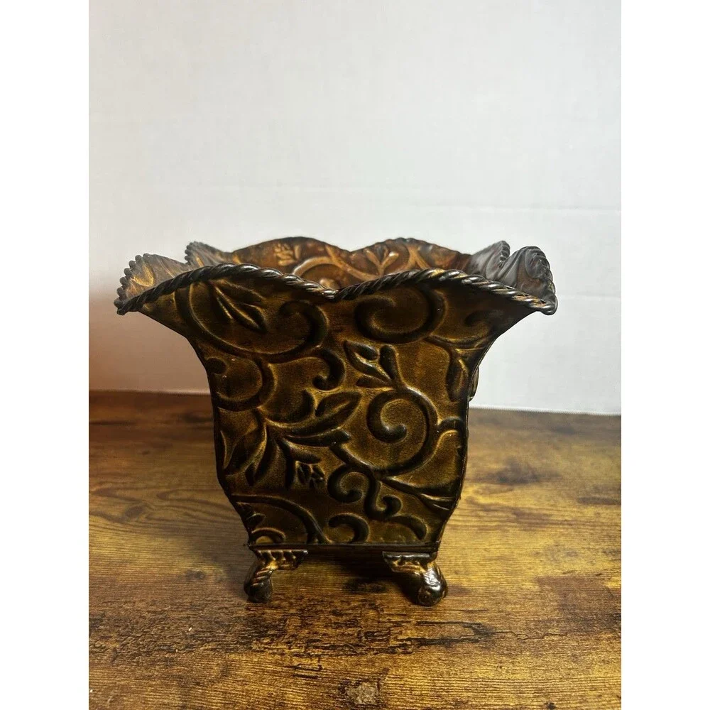 Vintage Embossed Metal Planter Bronze Floral Scroll Footed Cachepot Decor Accent